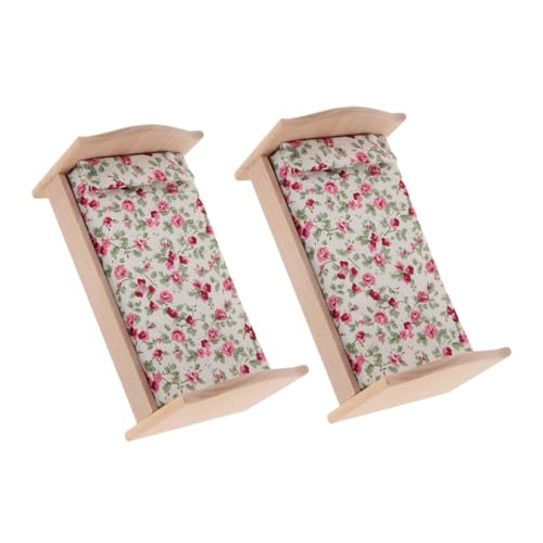 Hohopeti 2 Stücke Miniatur Puppenhaus Einzelbett aus Holz mit Matratze und Kissen Detailreiches Mini Bett Modell für Puppenhaus Möbel Leicht und Vielseitig für Kinderzimmer Zubehör von Hohopeti