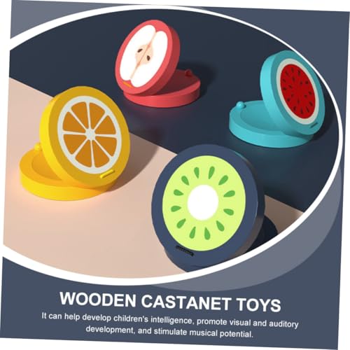 Hohopeti 4 Stück Holz Früchte Kastagnetten Musikspielzeug Orff Percussion Instrumente für Jungen und Mädchen mit Buntem Cartoon Design Sicher Langlebig und Fördernd Kreative Entwicklung von Hohopeti