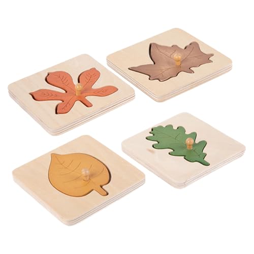 Hohopeti 4 Stück Montessori Holzpuzzle Blattform Lernspielzeug für Kleinkinder Sicheres Abgerundetes Holz Kognitives Steckpuzzle zur Frühkindlichen und Eltern Junge Mädchen interaktion von Hohopeti