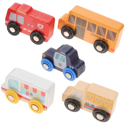 Hohopeti 5 Stück Teiliges Holz Feuerwehr und Polizeiautos Kinderspielzeug aus Hochwertigem Holz Sicher und Realistisch für Kognitive Fahrzeugspiele Jungen und Mädchen von Hohopeti