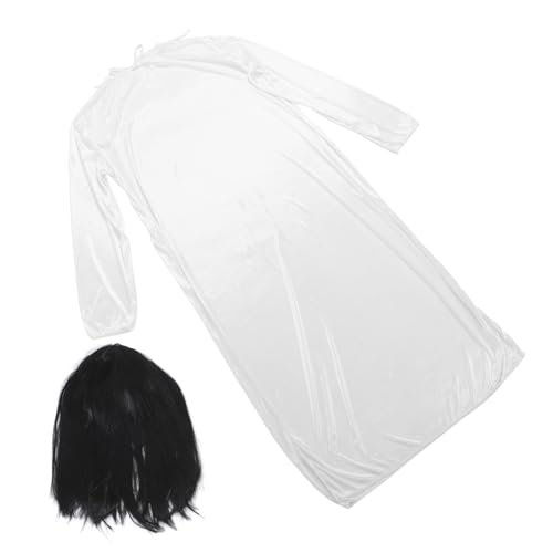 Hohopeti Gruseliges Halloween Kostüm Damen Weißes Braut Kleid mit Schwarzer Perücke für Party Fasching Cosplay Horror Verkleidung von Hohopeti