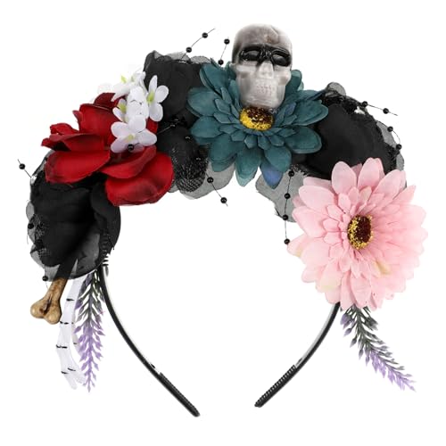 Hohopeti Halloween Haarschmuck mit Farbiger Stoffblume und Skelettmotiv Leichtes Stirnband für Damen und Halloween Kostüm Haarreif Bequemes Cosplay Accessoire für Festtage von Hohopeti