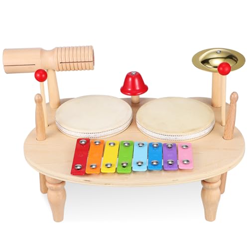 Hohopeti Kinderschlagzeug Aus Holz – Musikinstrumenten-Set Für Kinder – Schlagzeug Für 1-jährige Mit Xylophon Und Schlägeln von Hohopeti