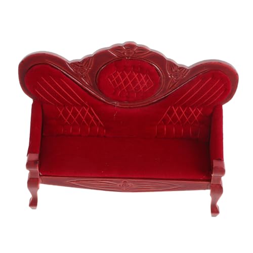 Hohopeti Mini-Sofa Puppenhaus Wohnzimmer Möbel Puppenhaus-miniaturen Puppenstubenmöbel Miniatur-Zeug Puppencouch Miniatur-Couch Sofaspielzeug Spielzeugcouch Rot Holz von Hohopeti