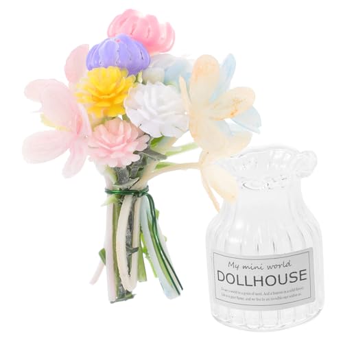 Hohopeti Miniatur Glasvase mit Blumen Detailgetreues Puppenhaus Zubehör Kleines Pflanzendekor für Miniaturhäuser Leichte Miniatur Blumentopf Dekoration für Puppenmöbel von Hohopeti