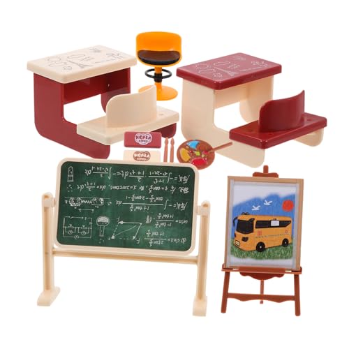Hohopeti Miniatur Klassenzimmer Set Teiliges Miniatur Schulmöbel Zubehör mit Kreidetafel Schreibtisch und Stuhl Detailreiche Puppenhaus Dekoration für Bastelprojekte und Szenen von Hohopeti