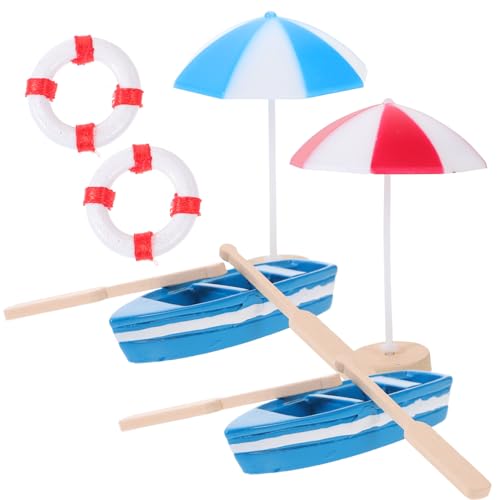 Hohopeti Miniatur Stranddekor Teilig mit Kleinen Booten Holzpaddeln Mini Sonnenschirmen und Holz Schwimmringen Detailreiche Langlebige Mini Strandzubehör für Puppenhäuser und Mikro von Hohopeti