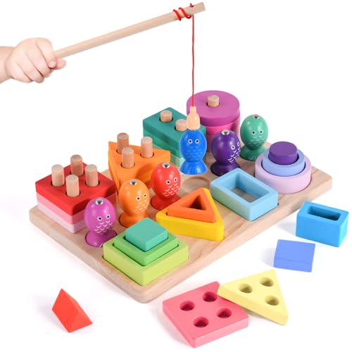Hoiloie Montessori Spielzeug ab 1 Jahr,holzspielzeug&Stapelspielzeug,3 in 1 Farbe Erkennung Form Sorter Angelspiel,Lernspielzeug Geschenk für 123 Jahre Kleinkind Mädchen Junge von Hoiloie