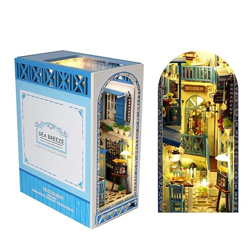 Hojalis 3D Holz Puzzle Buchstütze, Book Nook DIY Kit, Booknook Häuser Modellbausätze mit LED-Licht, PuppenhäUser Miniatur Haus Kit, Kreativität Geschenk für Unisex Erwachsene zum Bauen(Meeresbrise) von Hojalis