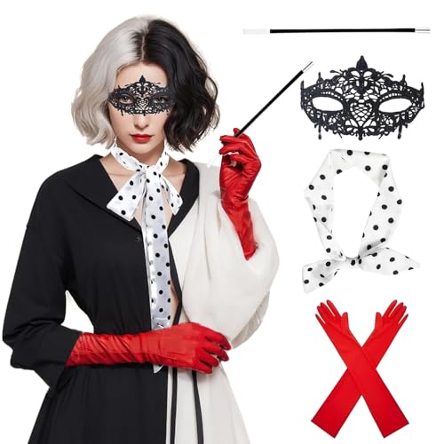 Hojalis 5Pcs Cruella Devil Kostüm Damen, Cruella Kostüm Damen, Perücke Schwarz Weiß, DamenSpitze Maske, Rote Handschuhe, Cosplay Handhebel, Gepunkteter Seidenschal, für Halloween, Karneval, Cosplay Hojalis 5Pcs Cruella Devil Kostüm Damen, Cruella Kostüm Damen, Perücke Schwarz Weiß, DamenSpitze Maske, Rote Handschuhe, Cosplay Handhebel, Gepunkteter Seidenschal, für Halloween, Karneval, Cosplay von Hojalis
