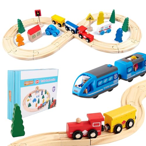 Hojalis Holzeisenbahn Set, 35 Stück Eisenbahn Elektrische Lok Holzeisenbahn Zug, Magneteisenbahn mit Holzschienen, Eisenbahn Kinder Elektrisch, Für Jungen Und Mädchen Im Alter Von 3 4 5 6 7Jahren von Hojalis