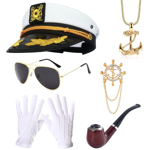 Hojalis Kapitän Matrosen Kostüm Set, 6Pcs Kapitän Kostüm, Kapitän Mütze Kostüm Zubehör, Kapitänsmütze, Kapitän Prop, Sonnenbrille, Handschuhe, Anker Halskette,Ruder Brosche Abzeichen für Party Cosplay Hojalis Kapitän Matrosen Kostüm Set, 6Pcs Kapitän Kostüm, Kapitän Mütze Kostüm Zubehör, Kapitänsmütze, Kapitän Prop, Sonnenbrille, Handschuhe, Anker Halskette,Ruder Brosche Abzeichen für Party Cosplay von Hojalis