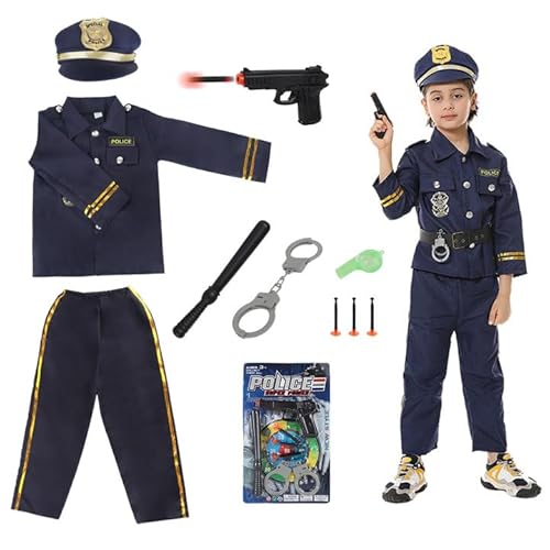 Hojalis Polizei Kostüm Kinder, 7 Stück Polizist Kostüm Kinder, Polizeihemd, Polizeihose, Polizeimütze, Polizeigürtel, Taktstock, Kostüm Kind Verkleidung für Rollenspiele, Halloween（M） von Hojalis