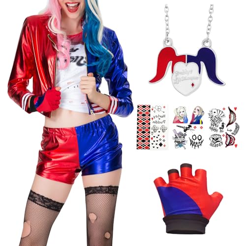 Hojalis Quinn Cosplay Kostüme für Erwachsener, Mädchen Bösewicht Suicide Kostüm Kit mit Jacke, T-Shirt, Shorts, Handschuh, Halskette und Tattoo Joker, Kostüm für Halloween Karneval Cosplay von Hojalis