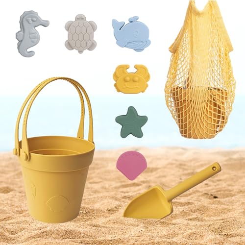 Hojalis Sandspielzeug Set, 8 Stück Sandspielzeug Strand mit Eimer, Netzbeutel, Sandförmchen, Sandkasten Spielzeug Kinder, Sandkastenspielzeug aus Silikon für Jungs und Mädchen von Hojalis