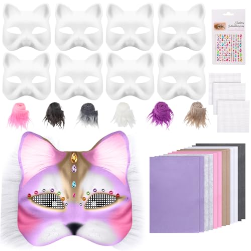 Hokoad Therian-Katzenmasken-Set zum Selbermachen, mit Fellaugennetz, Therian-Katzenmaske, pelzig für Halloween-Maskerade (Stil 1), 8-teilig von Hokoad