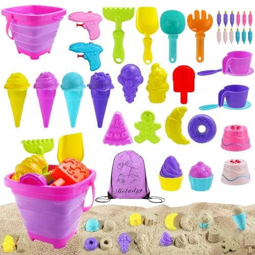 Holady 47-teiliges Eiscreme-Sandspielzeug, zusammenklappbarer Sandeimer und Schaufeln mit Tasche und Mini-Wasserspritzpistolen, Eiscreme-Reisesandspielzeug für Kinder von Holady