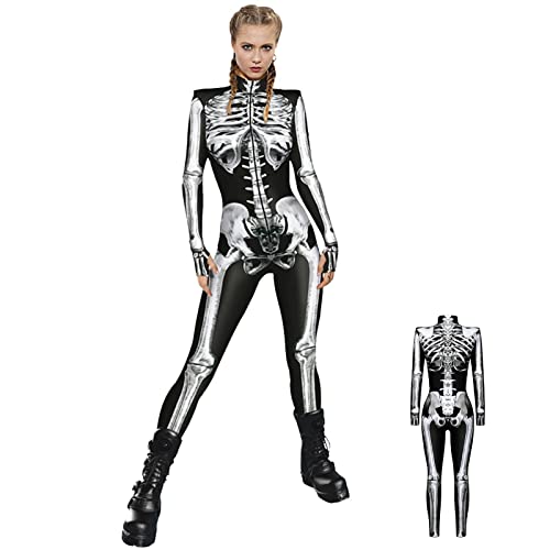 Skelett Kostüm Für Erwachsene, Lady Skull Skelett Kostü Perfektes Kostü Für Halloween, Weihnachten, Karneval Oder Mottoparties,dünner Overall, Stretch, Cosplay Kostü von Holdes