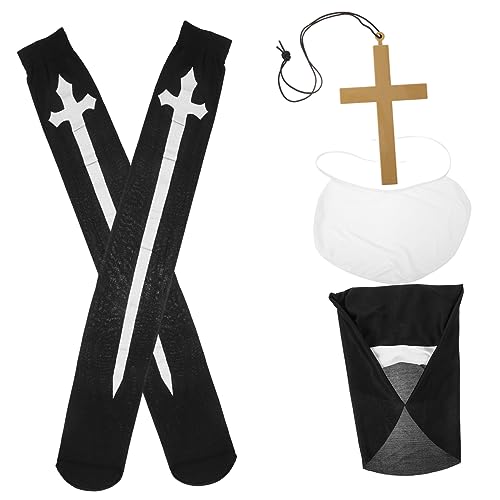Holibanna Halloween Nonnenkostüm Damen Set Mit Kreuzanhänger Halskette Kostümhut Oberschenkelhohe Socken Cosplay-party-zubehör-set Für Erwachsene von Holibanna
