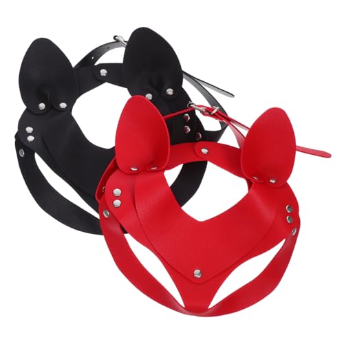 Holibanna 2 Stück Damen Punk Cat Masken aus Kunstleder mit Katzenohren Halbe Gesichtsmasken für Karneval Halloween Cosplay Masquerade in Schwarz und Rot Langlebig und Stylisch von Holibanna