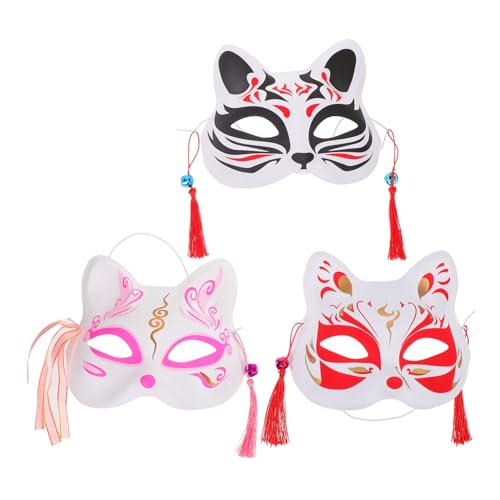 Holibanna 3 Stück Teiliges Handbemalte Japanische Fuchs Katzen Halbmasksen Leicht und Traditionell Inspiriert für Cosplay Geeignet für Erwachsene von Holibanna