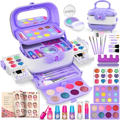 Hollyhi 58Pcs Wirklich Kinderschminke Set, Sicher Waschbar Schminkkoffer Mädchen Schminke Spielzeug, Geburtstag Weihnachten Kinder Make Up Set Mädchen Geschenke 3 4 5 6 7 8 9 10 11 12 Jahre (Lila) von Hollyhi