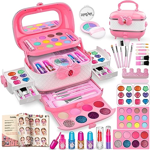 Hollyhi 58Pcs Wirklich Kinderschminke Set, Sicher Waschbar Schminkkoffer Mädchen Schminke Spielzeug, Geburtstag Weihnachten Kinder Make Up Set Mädchen Geschenke 3 4 5 6 7 8 9 10 11 12 Jahre (Pink) von Hollyhi