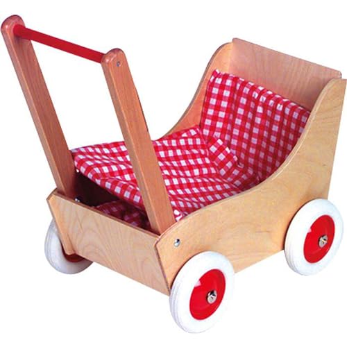 Holz-Wenzel 350010 - Puppenwagen Laura aus Holz, ca. 50 x 27 x 56 cm, mit 3-teiliger Garnitur, 4 Gummireifen von Holz-Wenzel