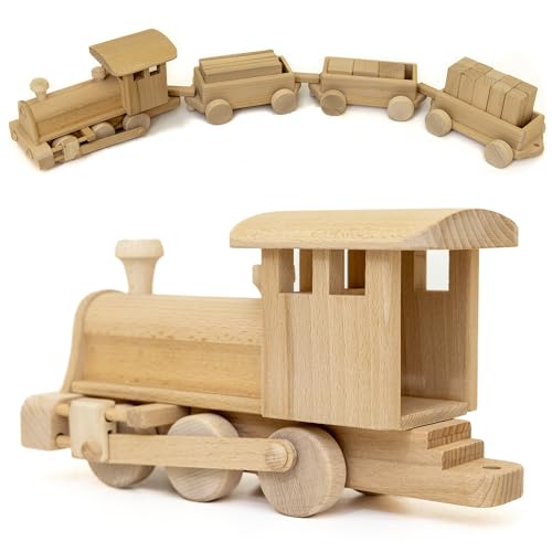 HolzFee Holzzug XL Dampflok Holz Eisenbahn Zug 86cm Lokomtive mit 3 Waggons Hänger mit 25 Bausteine von Holzfee