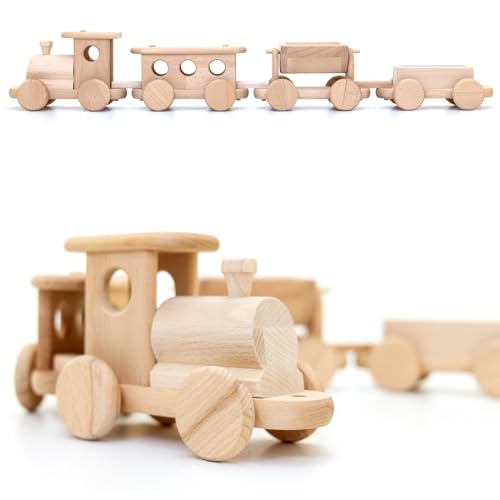 Holzfee Holzzug Dampflok Holz Eisenbahn Zug 85cm Lokomtive mit 3 Waggons Hänger Holzfee Holzzug Dampflok Holz Eisenbahn Zug 85cm Lokomtive mit 3 Waggons Hänger von Holzfee