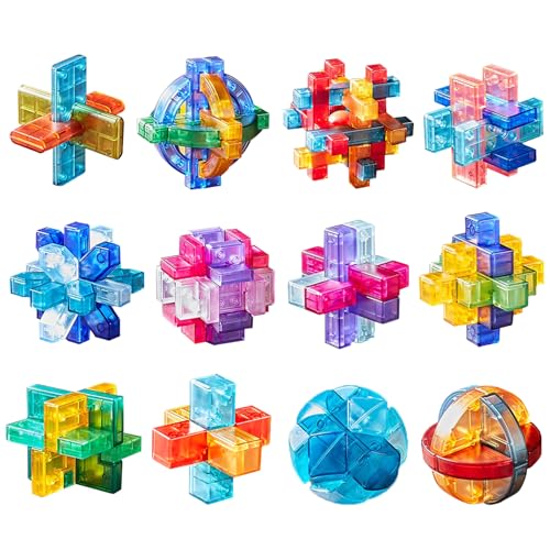 Holzsammlung 12 Stück 3D Puzzle Brainteaser, Plastik Denksport Logisches Spielzeug, Plastikspiele Knobelspiele Geduldspiel IQ Test Puzzle Set, Logikspiele Puzzles Denkspiel für Erwachsene, Kinder von Holzsammlung