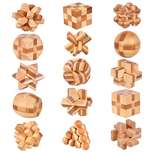 Holzsammlung 15 Stück Knobelspiele Holz, Geschicklichkeitsspiel Holz, Logikspiele IQ Spiele Geduldspiel Knobelspiele, 3D Mini Puzzle Denkspiele Spielzeug Geschenk Set für Erwachsene & Kinder, 4.5cm von Holzsammlung