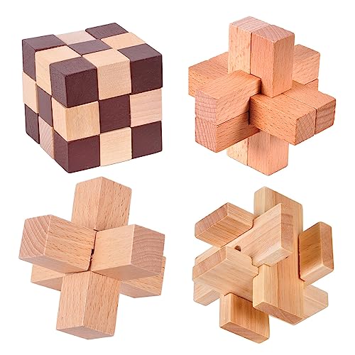 Holzsammlung 4 Stück Denksport Logisches Holzspiele Spielzeug, Mini 3D Puzzle IQ Test Logikspiele Knobelspiele Holz Rätsel Geduldspiel Denkspiel, Holzspielzeug für Erwachsene und Kinder von Holzsammlung