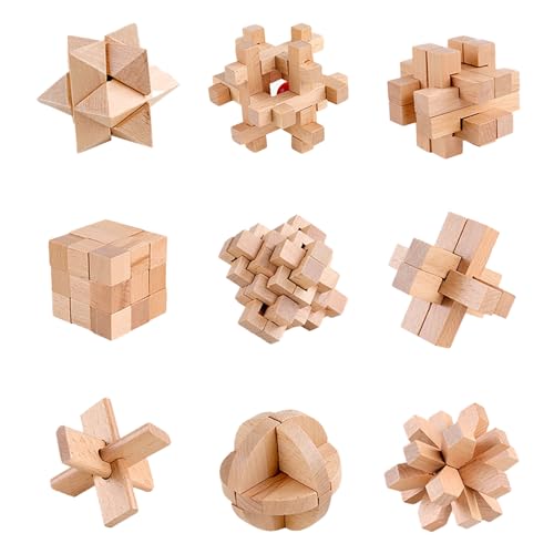Holzsammlung 9 Stück 3D Puzzle Brainteaser, Holz Denksport Logisches Spielzeug, Holzspiele Knobelspiele Geduldspiel IQ Test Puzzle Set, Logikspiele Holzpuzzle Denkspiel für Erwachsene und Kinder von Holzsammlung