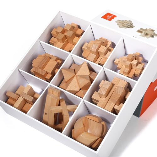 Holzsammlung 9 Stück 3D Puzzle Brainteaser, Holz Denksport Logisches Spielzeug, Holzspiele Knobelspiele Geduldspiel IQ Test Puzzle Set, Logikspiele Holzpuzzle Denkspiel für Erwachsene und Kinder von Holzsammlung