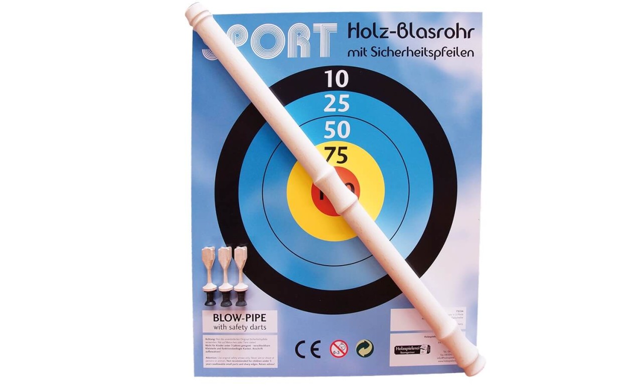 Blasrohr mit 3 Sicherheitspfeilen und Zielscheibe Blasrohr mit 3 Sicherheitspfeilen und Zielscheibe von Holzspielerei