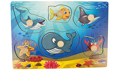 Greif-Puzzle Meerestiere 2 aus Holz, mit 6 Teilen - Holzpuzzle, Steckpuzzle mit Seepferdchen, Schildkröte, Hai, Fisch, Oktopus und Wahl für Kinder ab 1 Jahr von Holzspielerei