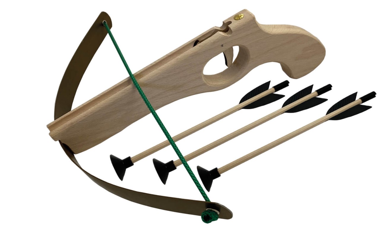 Kleine Kinder-Armbrust aus robuster Buche – 29 cm, inkl. 3 Bolzen mit Saugnapf von Holzspielerei