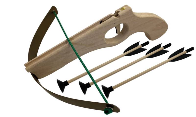 Kleine Kinder-Armbrust aus robuster Buche – 29 cm, inkl. 3 Bolzen mit Saugnapf von Holzspielerei
