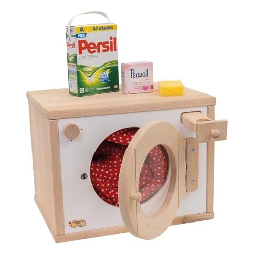 Holzspielzeug Peitz Weiße Kinder-Waschmaschine aus Holz | Mit Waschtrommel, Knöpfen & Waschpulverfach von Holzspielzeug Peitz