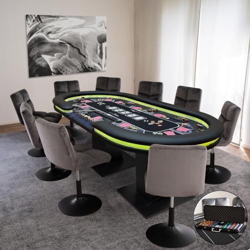 Home Deluxe - Pokertisch Flush - inkl. 10 Stühlen, Pokerkoffer, mit LED Beleuchtung und Getränkehalter, für bis zu 9 Personen I Spieltisch Poker Tisch von Home Deluxe