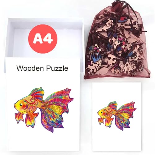 Home Melody Holzpuzzle Goldfisch | A4 Größe 29,7 x 21 cm | 180+ Teile | Wooden-Puzzle Fisch in Geschenk-Box | Erwachsene Kinder-Geburtstag Junge Mädchen, Holz-Puzzle einzigartige Form von Home Melody