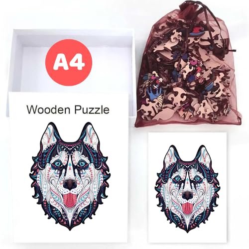 Home Melody Holzpuzzle Husky | A4 Größe 29,7 x 21 cm | 180+ Teile | Wooden-Puzzle Hund Tier in Geschenk-Box | Erwachsene Kinder-Geburtstag Junge Mädchen | Holz-Puzzle einzigartige Form von Home Melody