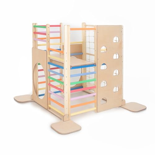 HomeForDreams Holz Montessori-Inspirierter Quadratischer Kletterturm für Kleinkinde: Faltbarer Indoor-Spielplatz mit Zubehörbrettern (Regenbogen, Mit Innenbrett) von HOMEforDREAMS