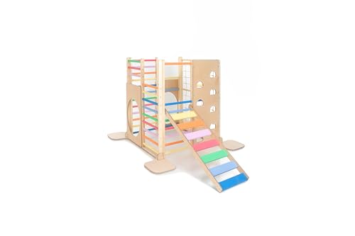 HomeForDreams Holz Montessori-Inspirierter Quadratischer Kletterturm für Kleinkinde: Faltbarer Indoor-Spielplatz mit Zubehörbrettern (Regenbogen, Mit Treppenbrett) von HOMEforDREAMS