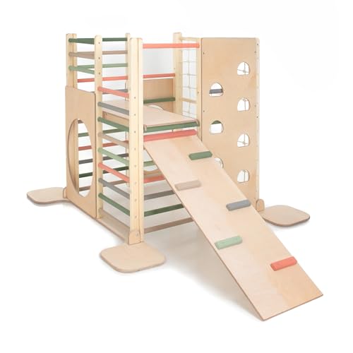 HomeForDreams Holz Montessori-Inspirierter Quadratischer Kletterturm für Kleinkinde: Faltbarer Indoor-Spielplatz mit Zubehörbrettern (Waldtraum, Mit Innenbrett und Kletterbrett) von HOMEforDREAMS