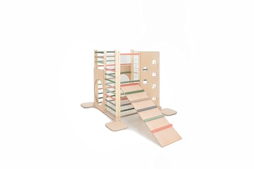 HomeForDreams Holz Montessori-Inspirierter Quadratischer Kletterturm für Kleinkinde: Faltbarer Indoor-Spielplatz mit Zubehörbrettern (Waldtraum, Mit Leiterbrett) von HOMEforDREAMS