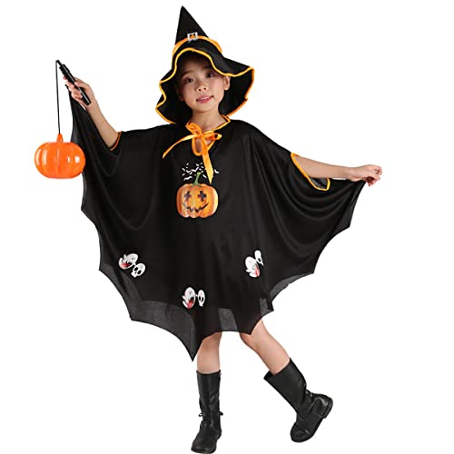 HomeMall Halloween kostüm Kinder, Fasching kostüme hexenkostüm Kürbis, Fledermaus Umhang Kostüm, Umhang Schwarz mit Hut für Halloween Cosplay Party, Ideal für Höhe 90-150cm von HomeMall