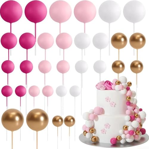 HomeVortex Kuchendekorationskugeln, 32 Stück, Kombination, Geburtstag, Party, Hochzeit, Kuchendekoration, perfekt für Kekse und andere Desserts (rot-rosa) von HomeVortex