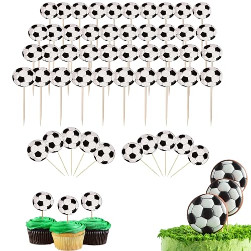 Homefantasy 48 Stück Fussball Cupcake Topper,Cake Topper Geburtstag, Happy Birthday Tortendeko,Fussball Deko Geburtstag Kinder Kuchendekorationen für Sportbälle von Homefantasy